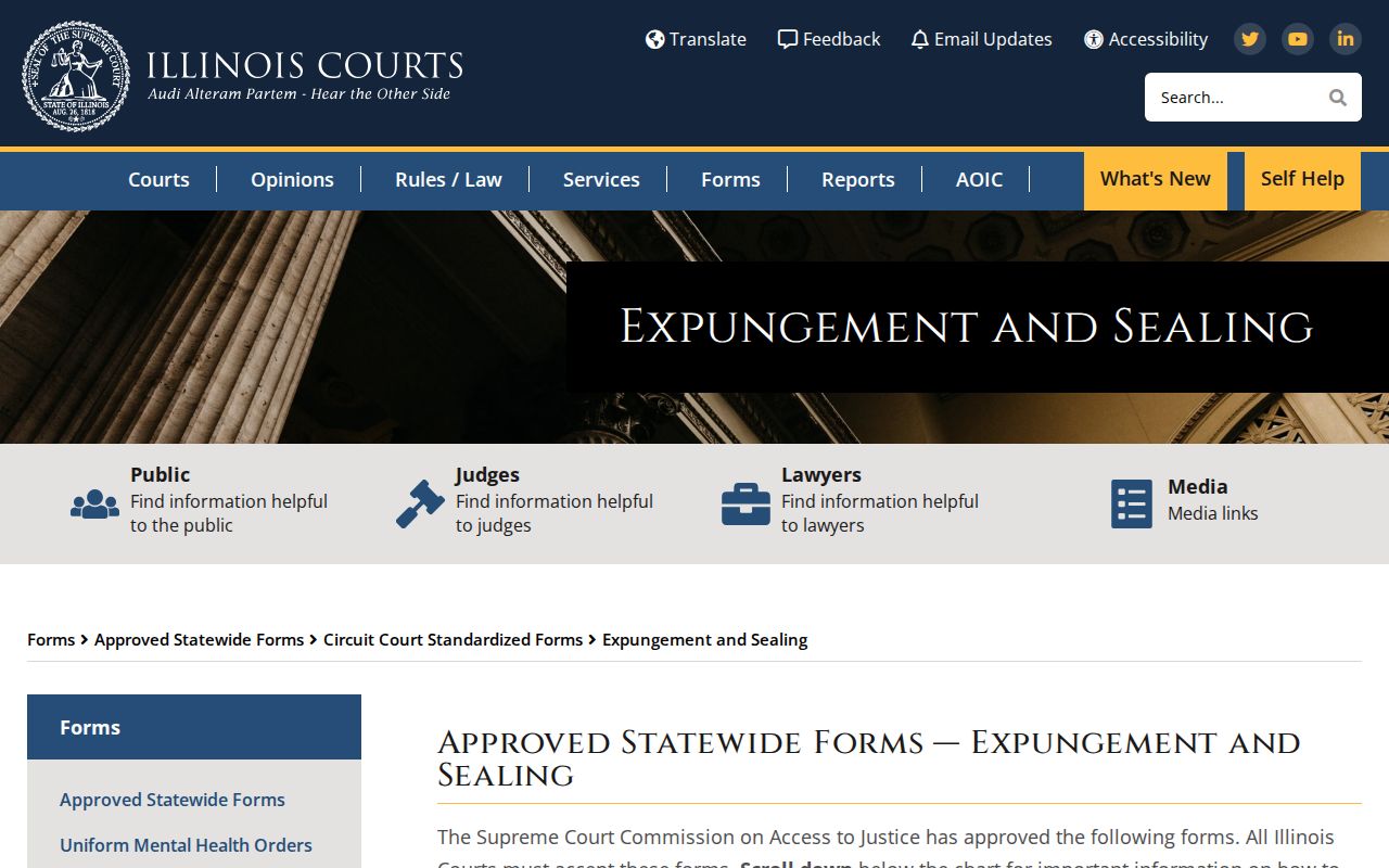 Illinois Courts expungement and sealing forms landing page