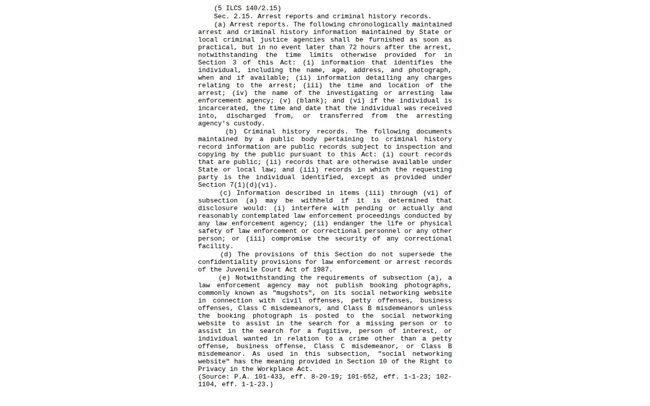 Illinois FOIA arrest-information statute explaining the 72-hour disclosure rule