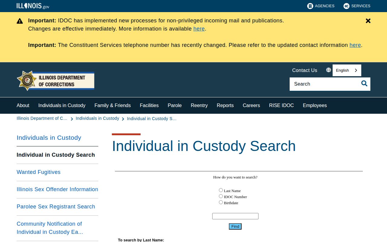Illinois Department of Corrections offender search interface